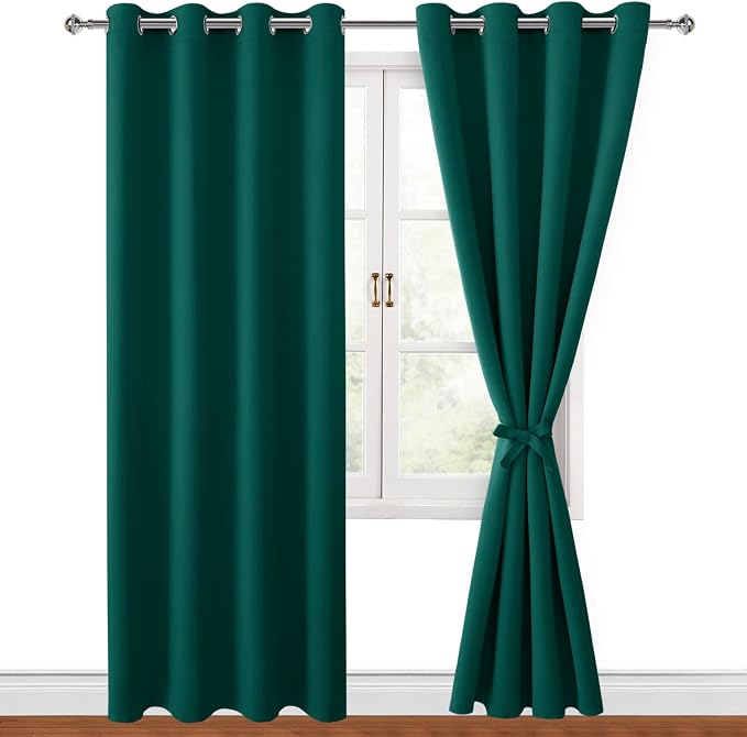 Hiasan Blackout Curtains for Bedroom, 52 x 96 Inches Long - Thermal Insulated & Energy Saving Window Curtains for Living Room, 2 Drape Panels Sewn with Tiebacks, Hunter Green