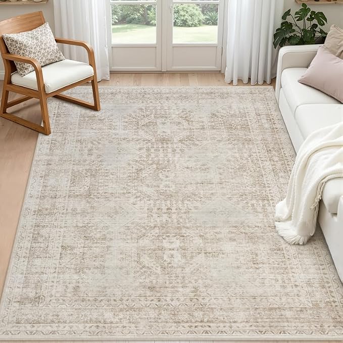 4x6 Area Rugs for Living Room: Vintage Boho Neutral Washable Rug Indoor Soft Large Area Rug Carpet for Bedroom Nursery Farmhouse Dining Room Office Floor Non-Slip Low Pile Under Table Rug Brown