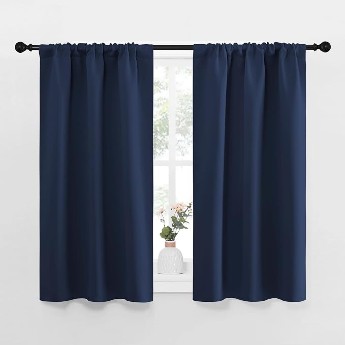 NICETOWN Kitchen Curtains, Short Blackout Curtains & Drapes, Thermal Insulated Rod Pocket Window Treatment Draperies for Nursery (Navy, 34 in x 45 in (W x L), Set of 2)