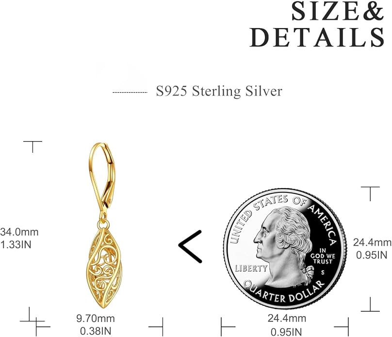 925 Sterling Silver Leverback Earrings Vintage Filigree Dangle Drop Earrings Jewelry Birthday Gifts for Women