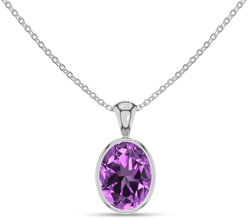 Natural Amethyst Pendant Necklaces for Women in Sterling Silver/18K Yellow Gold/Rose Gold Vermeil, February Birthstone Jewelry Gifts for Her Birthday, Anniversary (Oval, Pear, Round)
