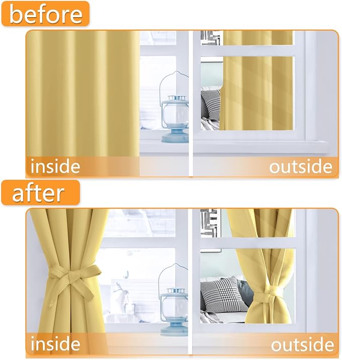 Hiasan Short Blackout Curtains for Bedroom - Thermal Insulated & Energy Saving Window Curtains for Living Room, 2 Drape Panels Sewn with Tiebacks, Light Yellow, 42 x 45 Inch