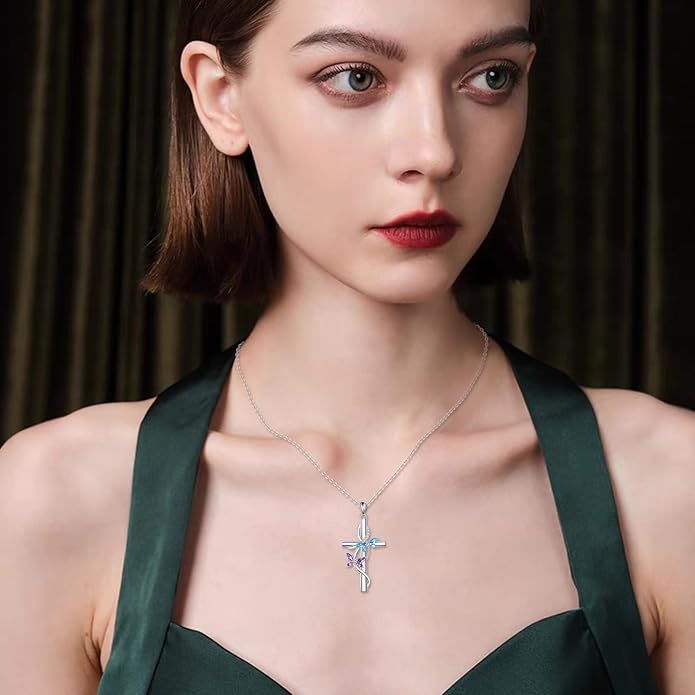 Flower Cross Necklace 925 Sterling Silver Carnation/Rose/Lily/Daisy Cross Necklace Birth Flower Jewelry for Women
