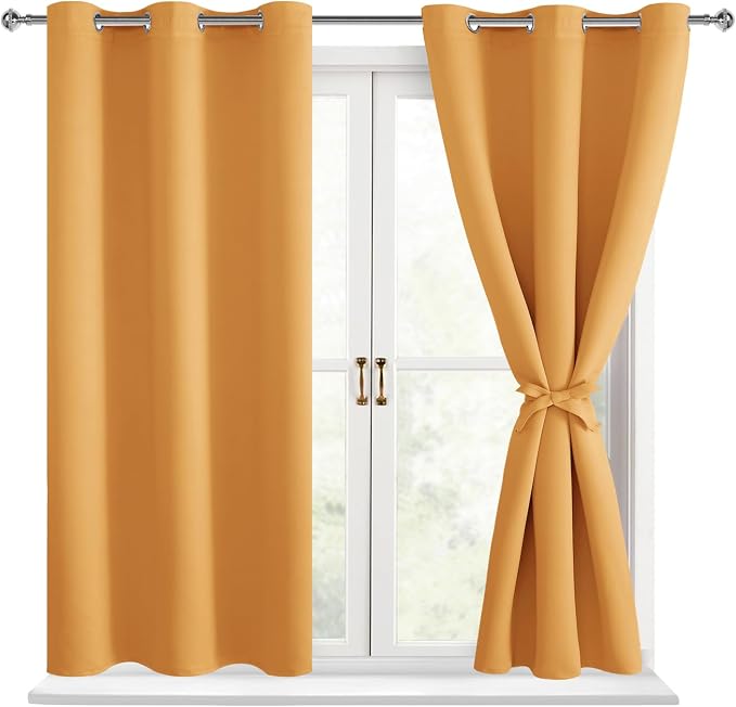 Hiasan Short Blackout Curtains for Bedroom - Thermal Insulated & Light Blocking Window Curtains for Living Room, 2 Drape Panels Sewn with Tiebacks, Pumpkin Orange, 42 x 45 Inch