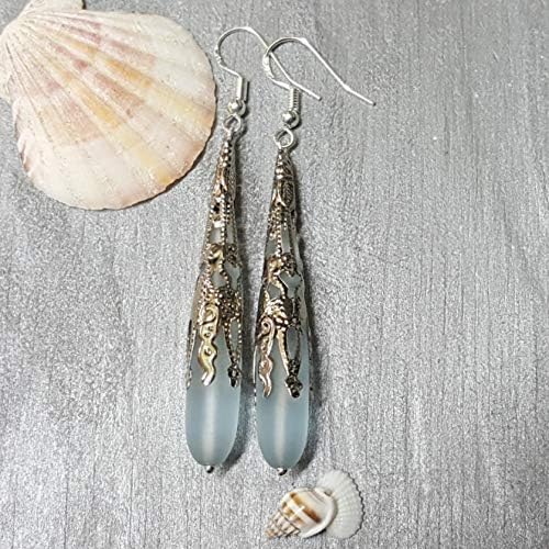 Handmade Sea Glass Earrings, Hawaiian Jewelry for Women, Long Teardrop Earrings Beach Jewelry, Sea Glass Jewelry For Women Birthday Gift For Her