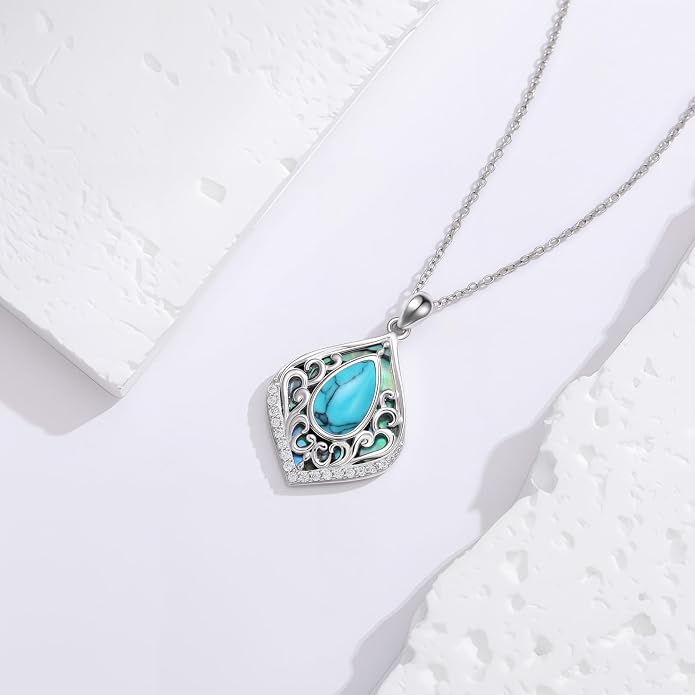 HPQQ Filigree Gemstone Necklace 925 Sterling Silver Teardrop Bohemian Necklace Abalone Shell Jewelry Birthday Gifts for Women