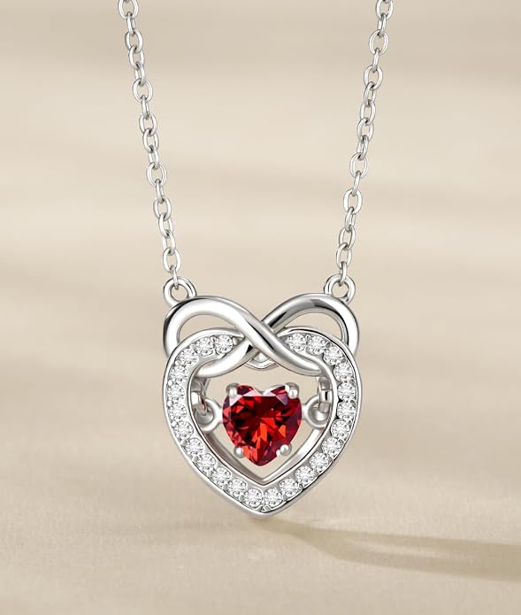 Trendy Dainty Infinity Birthstone Necklace, Dancing Heart 18K White Gold Plated 925 Sterling Silver Heart Necklace, Romantic Love Jewelry Graduation Gifts for Women Her