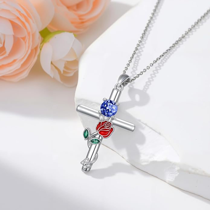 Birthstone Cross Necklace 925 Sterling Silver Rose with Butterfly Birthstone Cross Pendant Necklace Jewelry Gifts for Women Birthday Christmas