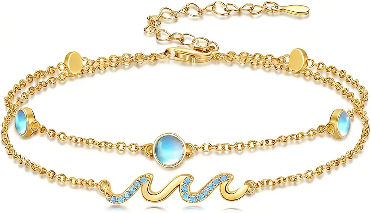Wave/Dolphin Bracelet/Sea Turtles Anklet 925 Sterling Silver Adjustable Moonstone Bracelet/Anklet Summer Ocean Jewelry Gifts for Women