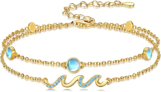 Wave/Dolphin Bracelet/Sea Turtles Anklet 925 Sterling Silver Adjustable Moonstone Bracelet/Anklet Summer Ocean Jewelry Gifts for Women