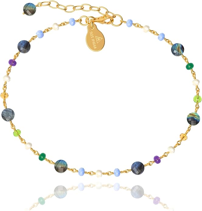 Dainty Gemstone Anklet for Women – 10 Inch Adjustable Anklet with 1 Inch Extender, Gold or Silver Plated Foot Jewelry, Minimalist Boho Style Gift
