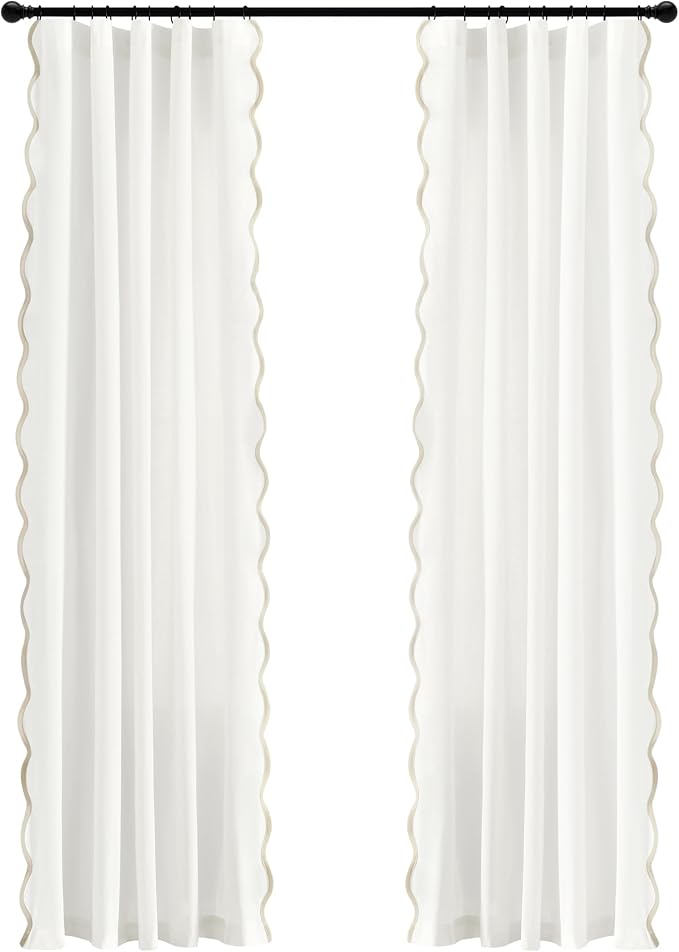 Lush Decor Coastal Chic Scalloped Edge Light Filtering Window Curtain Panels Pair, 52" W x 84" L, Neutral & White - White Curtains for Living Room - Coastal Decor (Pack of 8)