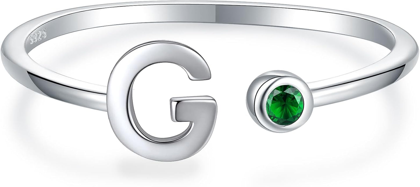 925 Sterling Silver Initial Letter Birthstone Rings for Women Adjustable 1-12 Month Birthstone Alphabet Stacking Ring for Teens Girls Stackable Birthstone Rings Birthday Jewelry Gift for Daughter Mom