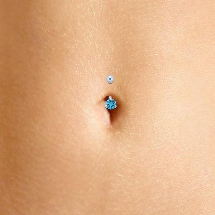 AFFY Internally Threaded Belly Button Navel Ring for Women, Three-Prong Round Simulated Birthstone in 14K Gold Over 925 Sterling Silver, Body Piercing Jewelry Gift
