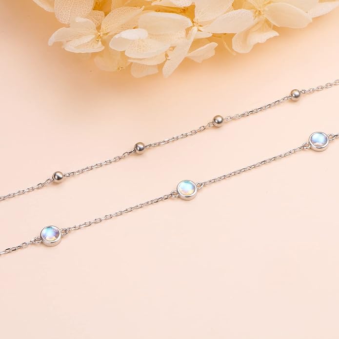 Flyow Anklet for Women S925 Sterling Silver Adjustable Foot Beaded Heart Charm Ankle Bracelet Anklets Jewelry