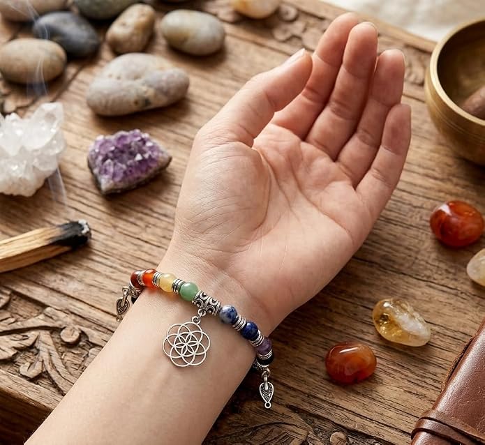 Natural Gemstone Bead Bracelet for Women – Healing Crystal Reiki Bracelet, Handmade Spiritual Protection Jewelry, Energy Stone Stretch Bracelet Gift for Women & Girls