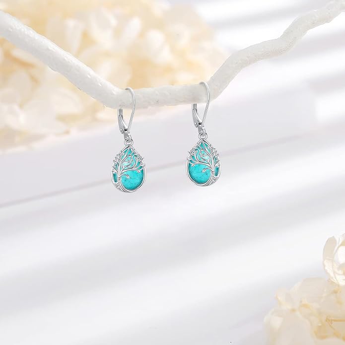Black Cat/Turtle/Moonstone//Turquoise/Flower/Tree of Life Earrings Sterling Silver Cute Animal Leverback Dangle Earrings Jewelry Gifts
