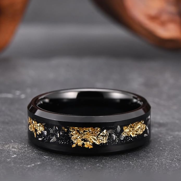 Black Tungsten Carbide Rings for Men Women 8mm/6mm Men's Wedding bands Inlaid with Gold Foil Meteorite Fragments, High Polishing and Comfortable fit