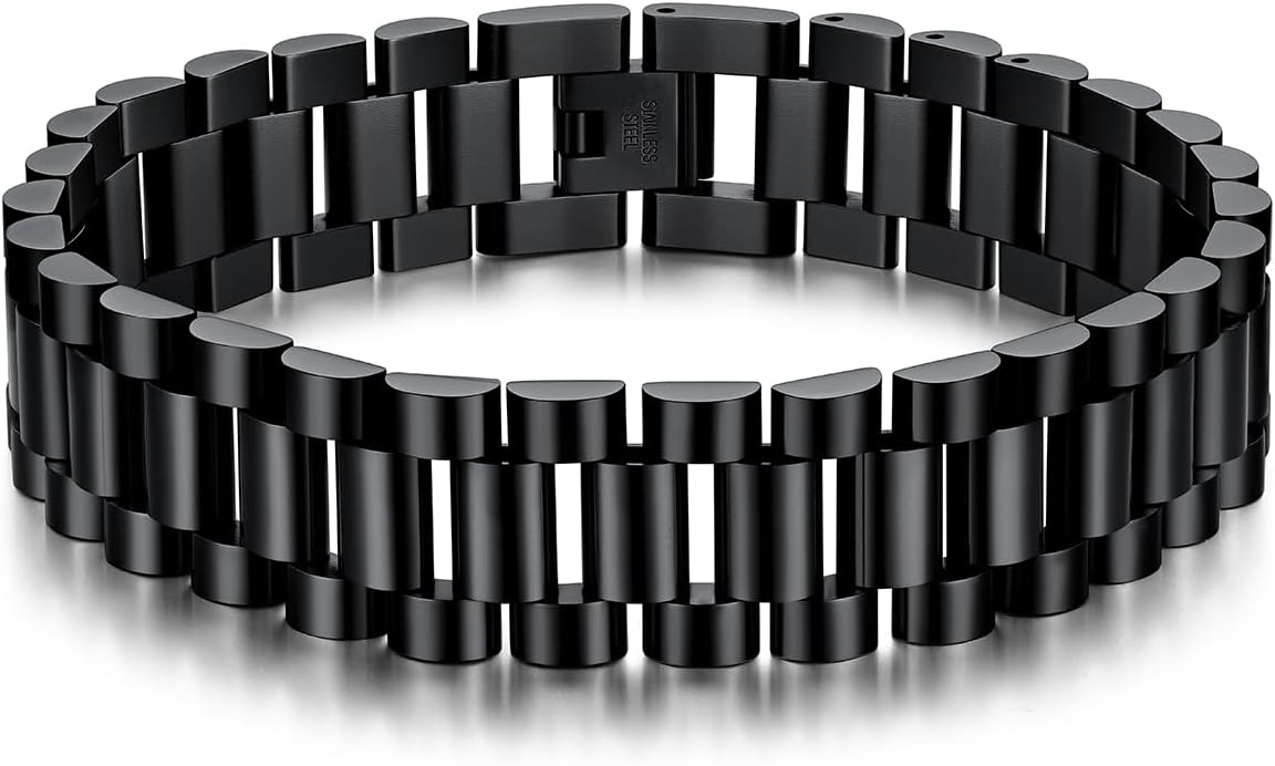 U7 Link Bracelets for Men, Cuban Link/Rope/Watch Band Solid Bracelet, Silver Black Gold Color Wrist Bracelet 3/6/9/12/15mm Width, 6.5/7.5/8.3 Inch Length, Hand Chain Jewelry for Mens Women