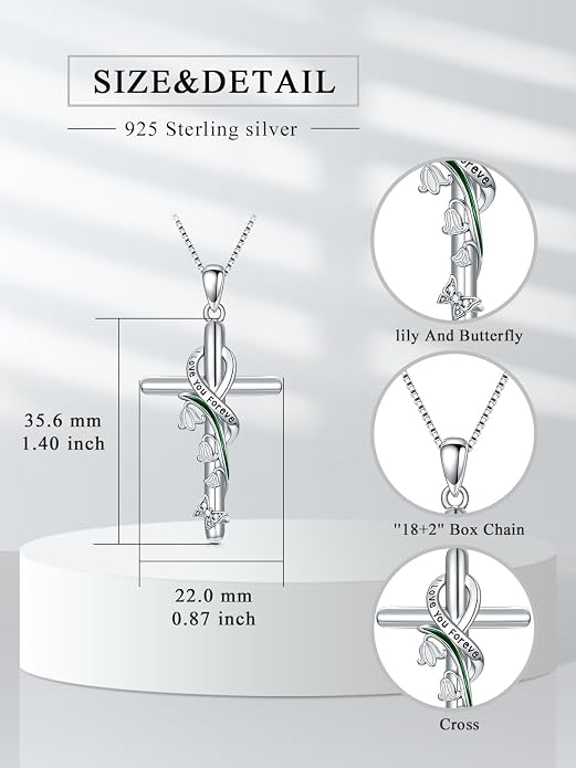 Cross Necklace for Women 925 Sterling Silver I Love You Necklace Religious Jewelry with Gift Box for Mother Daughter