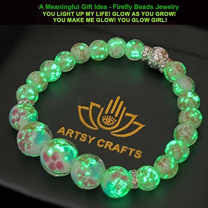 ARTSY Crafts Lily Garden Glow in the Dark Firefly Bead Bracelets Necklaces, Handmade in USA Murano Glass Jewelry, Flower Luminous Beads Mermaid Crystal Bracelet Bangle