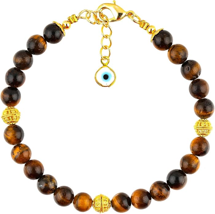 AAA Grade Natural Gemstone Beaded Bracelet, 14K Gold Plated with Evil Charm, Wicca & Reiki Healing Crystals, Handmade Bohemian Jewelry, Christmas Gift for Women (7+1inch)