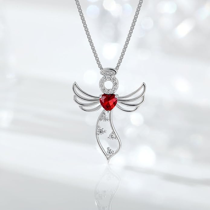 925 Sterling Silver Guardian Angel Pendant Necklace for Women - Birthstone Cubic Zirconia, 18" Chain, Gift for Her
