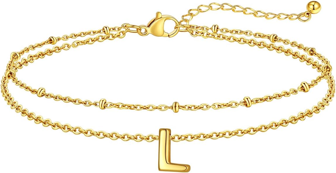 FaithHeart Initial Ankle Bracelets for Women, Waterproof 14k Gold Plated Initial Anklets Non Tarnish Stainless Steel Cute Layered Anklet Summer Beach Jewelry
