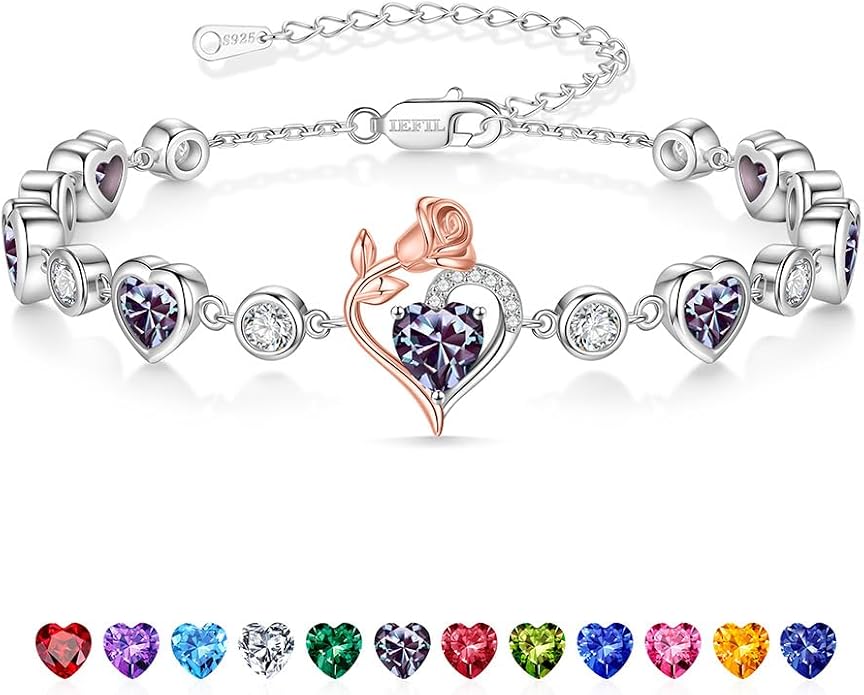 Iefil Birthstone Bracelets for Women - 925 Sterling Silver Rose Heart Charm Bracelets, Anniversary Birthday Gifts for Women Wife Mom Girlfriend Daughter, 6"+2"