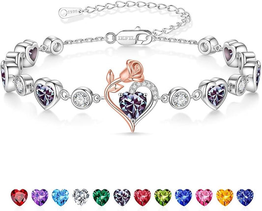 Iefil Birthstone Bracelets for Women - 925 Sterling Silver Rose Heart Charm Bracelets, Anniversary Birthday Gifts for Women Wife Mom Girlfriend Daughter, 6"+2"
