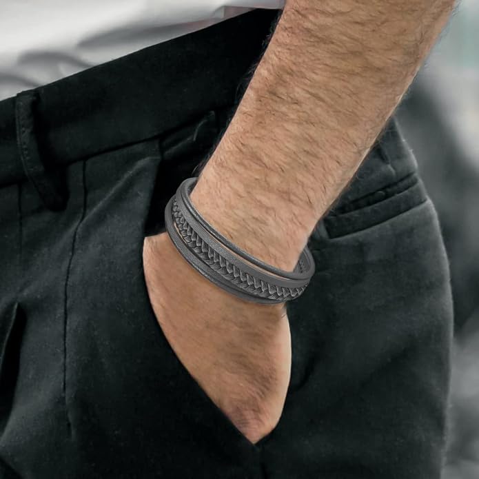 murtoo Mens Leather Bracelet with Clasp Cowhide Multi-Layer Braided Leather Mens Bracelet