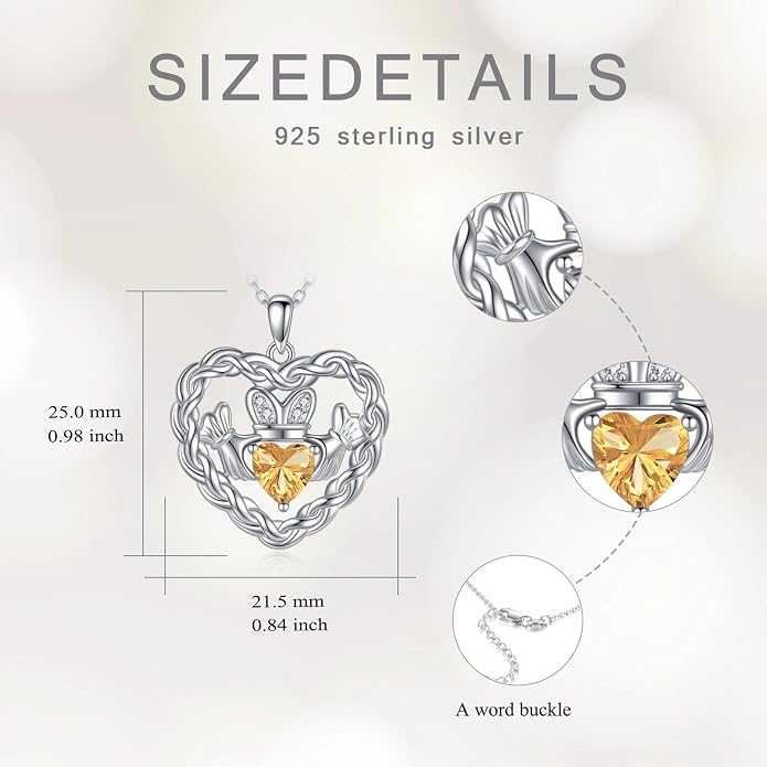 Birthstone Claddagh Heart Necklace 925 Sterling Silver Heart Celtic Knot Claddagh Necklace Pendant Irish Jewelry Gifts for Women Mom Wife Sister Christmas Birthday,18+2 inch