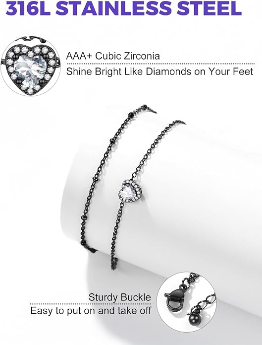 Richsteel Double Layer Heart/Butterfly Birthstone Anklet for Women Non Tarnish Waterproof, Silver/Gold/Black Stainless Steel 8.5-10.5 Inch Adjustable Chain Anklets Jewelry Gifts for Her
