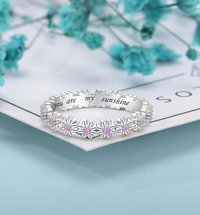 925 Sterling Silver Dainty Daisy Butterfly Paw Heart Eternity Rings Blue Flower Finger Rings for Women Stacking Promise Rings Gift Jewelry