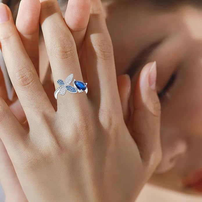 925 Sterling Silver Drangonfly/Butterfly Open Finger Rings Adjustable Dainty Gemstone Sapphire Emerald Green Ring for Women Round/Pear/Princess Engagement Promise Ring