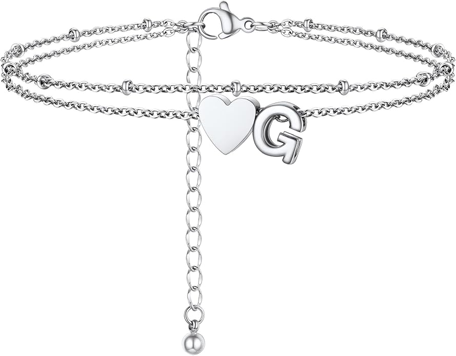 Initial Ankle Bracelets for Women, Dainty Stainless Steel Letter A-Z Layered Anklets, Heart Ankle Bracelet 8.5"-10.5" Adjustable, Summer Beach Jewelry, Come with Box