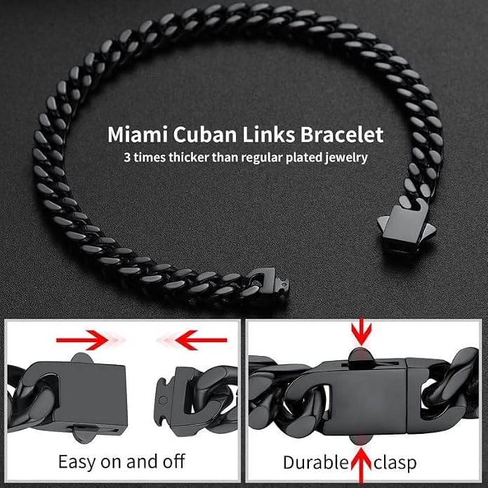 ChainsHouse Stainless Steel Cuban Link Bracelet for Men, 5mm/7mm/9mm/12mm Width, 7.5"/8.3"/9" Length, Black/18K Gold Plated Chain Wrist Bracelets for Men, with Gift Box