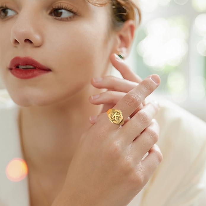 KeyStyle Bold Initial Letter Rings Adjustable, GoldChic Jewelry Women Gold Statement Ring Personalized Engraved Women’s Open Signet Ring for Party (Gold, White Gold, Black)