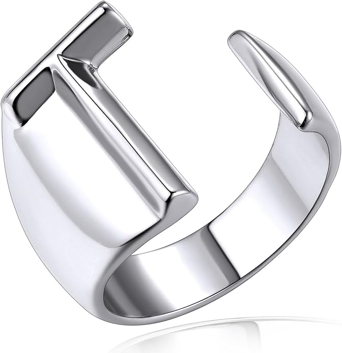 KeyStyle Bold Initial Letter Rings Adjustable, GoldChic Jewelry Women Gold Statement Ring Personalized Engraved Women’s Open Signet Ring for Party (Gold, White Gold, Black)