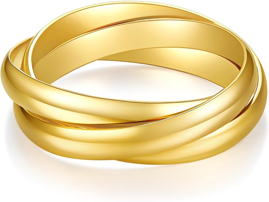 BORUO 925 Sterling Silver Ring, 14K Gold Plated Waterproof Fidget Anxiety Ring, Triple Row Rolling Interlocking Stacking High Polish Band for Women, Men| Each Band Width 1.8mm 3mm Size 4-12