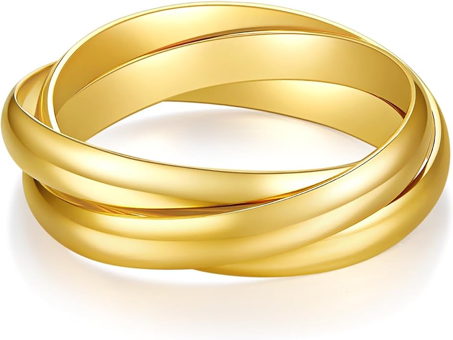 BORUO 925 Sterling Silver Ring, 14K Gold Plated Waterproof Fidget Anxiety Ring, Triple Row Rolling Interlocking Stacking High Polish Band for Women, Men| Each Band Width 1.8mm 3mm Size 4-12