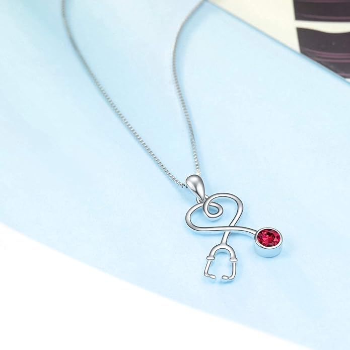 AOBOCO Stethoscope Necklace 925 Sterling Silver Embellished with 12 Months Birthstone Crystals from Austria, Graduation Gifts Medical Jewelry for Doctor Nurse Medical Student RN