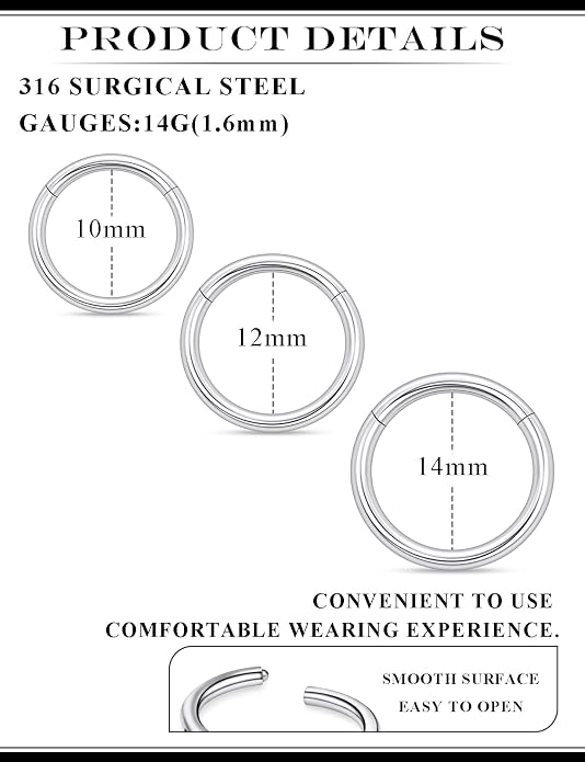 20G 18G 16G 14G 12G 10G 8G 6G 4G 2G Nose Rings Hoops 316l Surgical Steel Clicker Septum Lip Ring Tragus Helix Daith Rook Conch Snug Cartilage Lobe Earrings Hoop Piercing Jewelry For Women Men