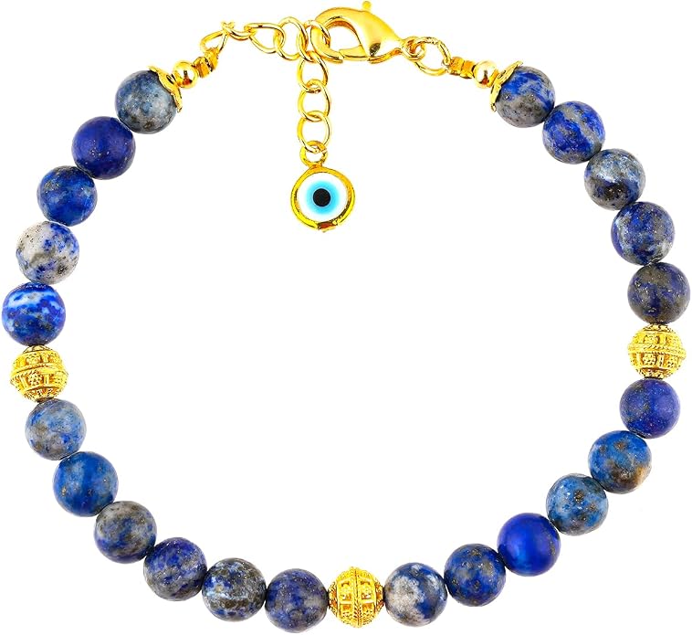 AAA Grade Natural Gemstone Beaded Bracelet, 14K Gold Plated with Evil Charm, Wicca & Reiki Healing Crystals, Handmade Bohemian Jewelry, Christmas Gift for Women (7+1inch)