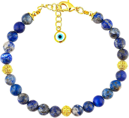 AAA Grade Natural Gemstone Beaded Bracelet, 14K Gold Plated with Evil Charm, Wicca & Reiki Healing Crystals, Handmade Bohemian Jewelry, Christmas Gift for Women (7+1inch)