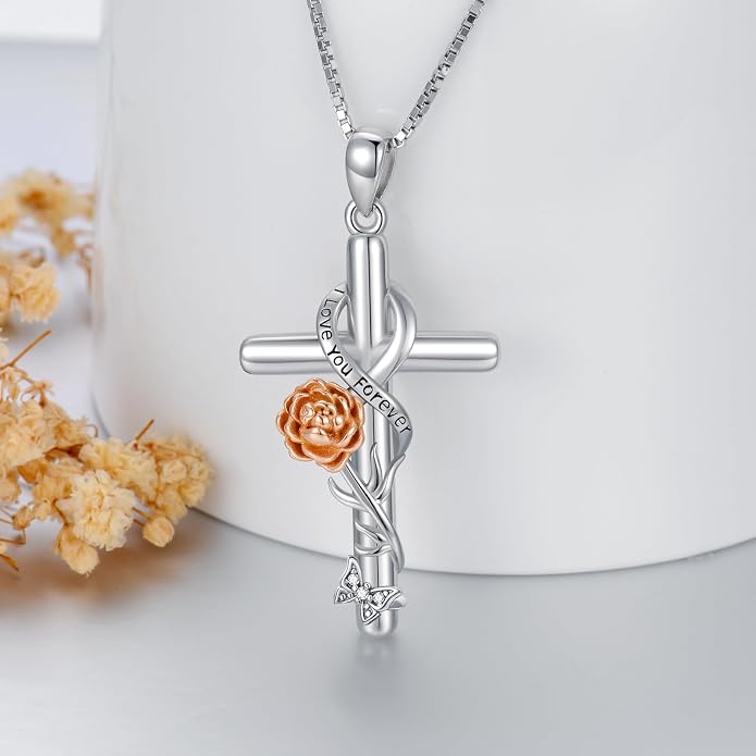 Cross Necklace for Women 925 Sterling Silver I Love You Necklace Religious Jewelry with Gift Box for Mother Daughter