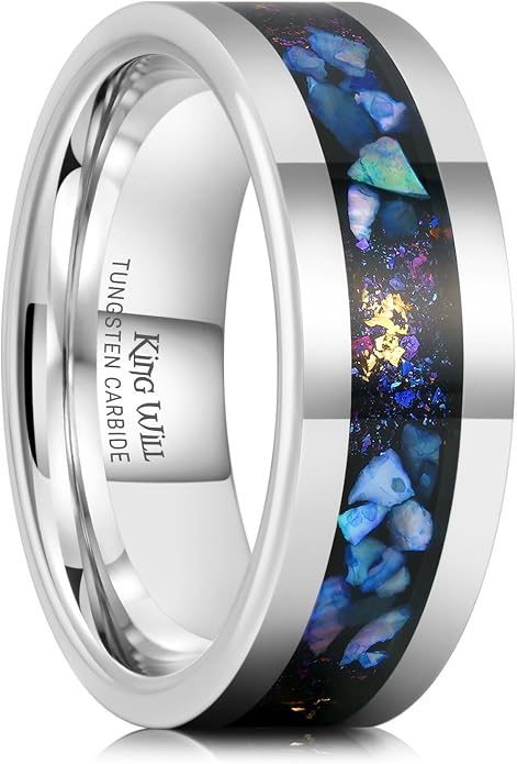 King Will 8mm Silver Hammered Titanium Ring Center Inlaid Wood Wedding Band for Men Hammered Wood Titanium Rings Polish Comfort Fit