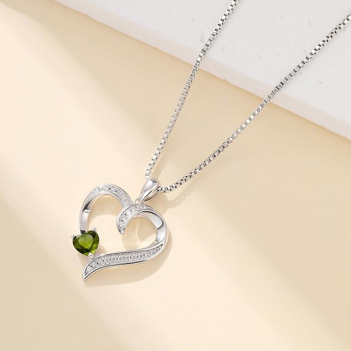 Love Heart Necklace for Women, 925 Sterling Silver Cubic Zirconia Birthstone Heart Pendant Jewelry Gift for Mom, Mother, Wife, Girlfriend on Birthday, Mother's Day, Chain 18 inch