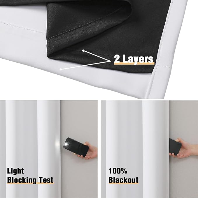 ChrisDowa White 100% Blackout Curtains for Bedroom 63 Inches Long 2 Panels | 2 Thick Layers, Thermal Insulated, Grommet, Window Treatment, Living Room Drapes with Black Liner, Pure White, 60 x 63 Inch
