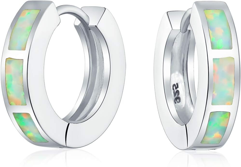 Bling Jewelry White Created Opal Inlay Iridescent Huggie Hoop Earrings .925 Sterling Silver October Birthstone